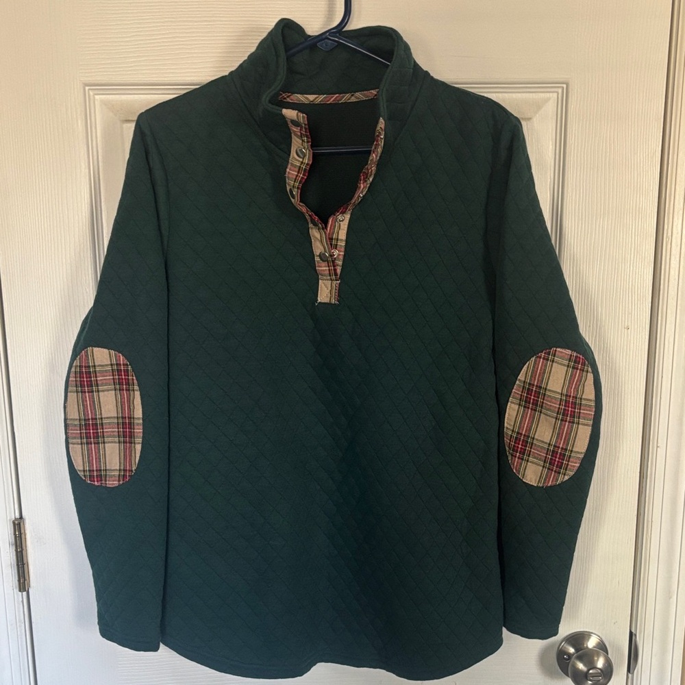 Quilted Green Pullover with Plaid Trim size Medium - Picture 3 of 7